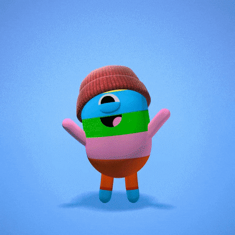 Ad gif. Toca Boca character pumps its arms, shakes its legs and dances happily against a background changing between rainbow colors.