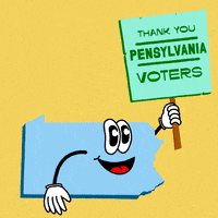 Digital art gif. Icy blue graphic of the anthropomorphic state of Pennsylvania on a butter yellow background holding a seafoam green picket sign that reads "Thank you Pennsylvania voters!"