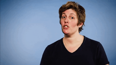 Celebrity gif. Sally Kohn leans forward slightly and articulates the words, "Super, super duper gay," while they appear as text beside her.
