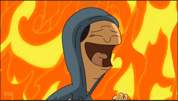 TV gif. Louise Belcher from Bob's Burgers laughs maniacally in a hoodie as an inferno burns behind her.