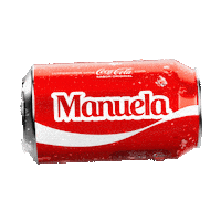 Sponsored gif. A red can of Coca-Cola with the name "Manuela" spins horizontally. 