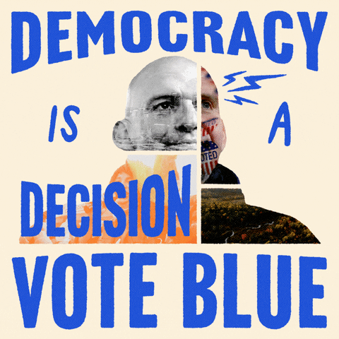 Digital art gif. Collage of photos create a portrait of Senator John Fetterman on an cream background, cobalt blue lightning bolts emerging from his head, big block letters all around read, "Democracy is a decision, Vote blue."