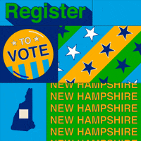 Digital art gif. Collage of boxes features the shape of New Hampshire with a box being checked, several colorful stripes filled with stars, and a “Vote” button that dances back and forth. Text, “Register to vote New Hampshire.”