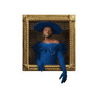 Sponsored sticker gif. Gold-framed portrait of Traitors cast member Bob the Drag Queen pulses forward and back.