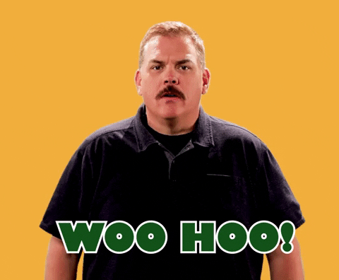 Movie gif. Standing in front of a solid yellow background, Kevin Heffernan as Farva from Super Troopers cheers with an arm pump. Text, "Woo hoo!"