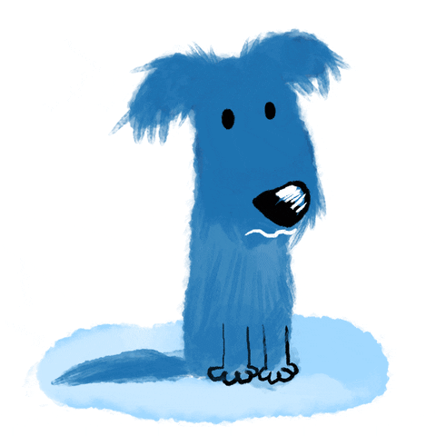Digital art gif. A cartoon blue dog sits in a puddle of its own tears, a single tear falling from its right eye as its little mouth quivers sadly.
