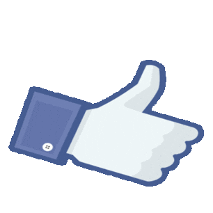 Sticker gif. 2D rendering of the Facebook like symbol, a blue thumbs up, off-kilter and springy.