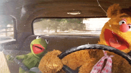 Muppets gif. Kermit the Frog (left) and Fozzie Bear (right) dance and sing together in a car. Kermit is playing a banjo in the passenger seat while Fozzie drives. They move left to right in sync with one another.