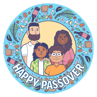 Digital art gif. Inside a circle bordered by illustrations of Passover related items like wine, Matzah, and apples is an illustration of a family standing together and smiling happily. Text, "Happy Passover."