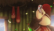 Video game gif. Diddy Kong from Donkey Kong excitedly blows a paper horn in celebration, tooting it twice while confetti flies around him.