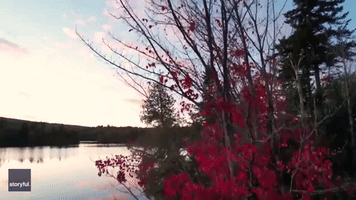 Drone Captures Beautiful Fall Foliage Before Sun Sets Over Norton Pond, Vermont