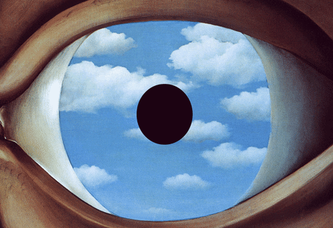 Cartoon gif. We zoom into endless eyes, all light blue filled with fluffy white clouds and a black pupil expanding to fill the frame