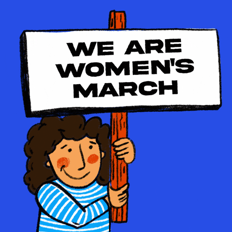 Digital art gif. Animation of a rotating cast of people of different races and genders holding up a picket sign that reads, "We are women's march," everything against a blue background.