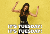 Celebrity gif. Shay Mitchell dances around, waving her arms in the air and turns in a circle. Text, “It’s Tuesday! It’s Tuesday!”