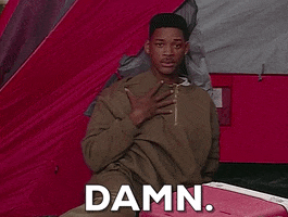 TV gif. Will Smith on The Fresh Prince of Bel-Air leans against a camping tent. He looks shocked like he’s trying to process what has just happened while his hand clutches his chest. He quivers a bit and slowly says, “Damn.” 