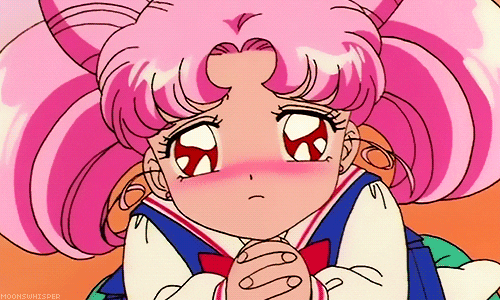 Anime gif. Chibiusa from Sailor Moon blushing, folding her hands, and looking up with shining eyes, as if she's begging.