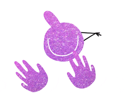 Digital art gif. Purple shimmery outline of hands and a happy face rock back and forth, celebrating.