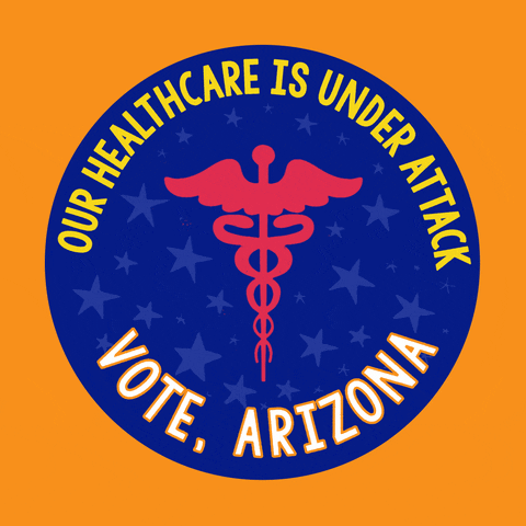 Digital art gif. Blue circular sticker against an orange background features a red medical symbol of a staff entwined by two serpents, topped with flapping wings and surrounded by light blue dancing stars. Text, “Our healthcare is under attack. Vote, Arizona!”