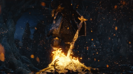 A knight warming his hands by the famous infamous bon fire made famous by the video game series Dark Souls