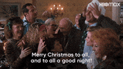 Movie gif. Chevy Chase as Clark in "National Lampoon's Christmas Vacation" wears a Santa hat, gathered with family members, and joyously shouts "Merry Christmas to all, and to all a good night!"