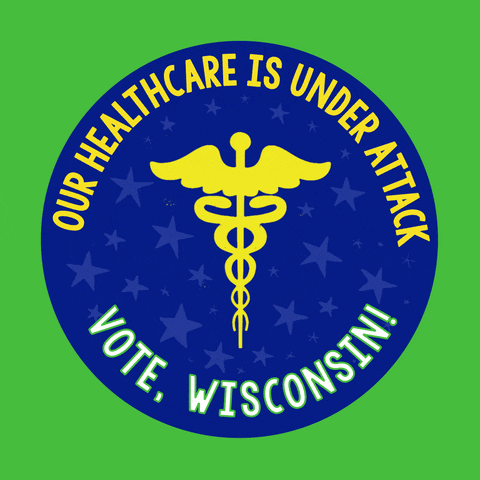 Digital art gif. Blue circular sticker against a lime green background features a yellow medical symbol of a staff entwined by two serpents, topped with flapping wings and surrounded by light blue dancing stars. Text, “Our healthcare is under attack. Vote, Wisconsin!”
