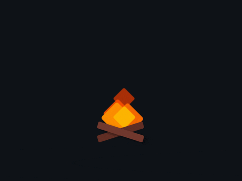 Illustrated gif. A modular campfire made of orange and yellow block shapes flickering up into the air.