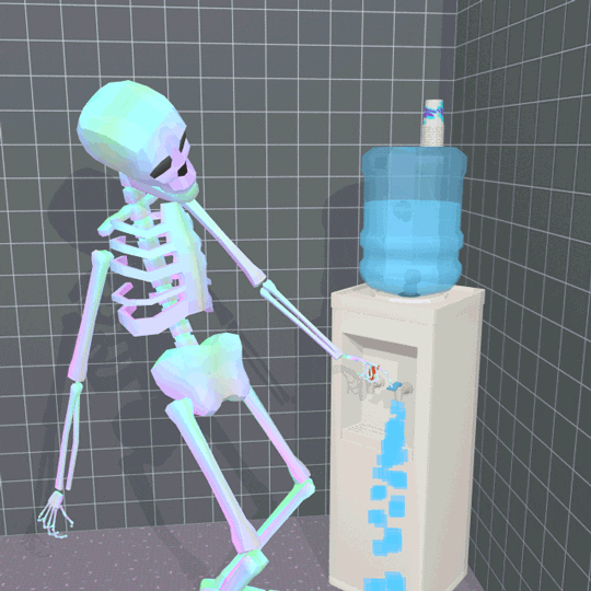 Cartoon gif. A Skeleton with bad posture, bounces his knees lazily, pushes on the spout of a water cooler and just lets the water pour out continuously.