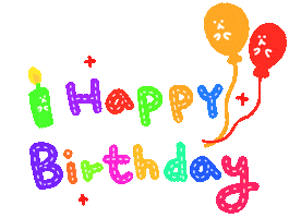 Sticker gif. Text, 'Happy birthday,' is flashing rainbow colors and a candle and two balloons come out on the side. It's drawn cutely, with stars and dashes all around and faces on the candle and balloons.