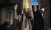 Digital art gif. Behind the scenes shot from Harry Potter with Richard Harris as Dumbledore dancing and Alan Rickman as Snape smiling at us, both of them wearing colorful clip-art party hats.