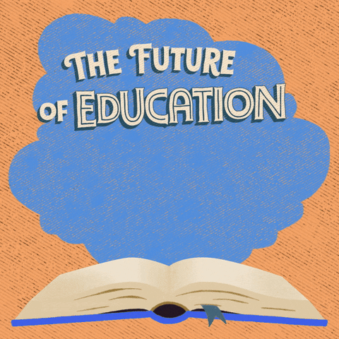 Digital art gif. Light blue cloud hovers over an open book against a light orange background. Text, “The future of education in Georgia is on the ballot.”