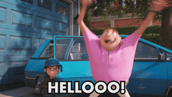 Movie gif. Gru from Despicable Me wears a bubblegum pink shirt and dramatically squats and waves his arms in the air in front of a blue car. He says with wide eyes, "Hellooo!," which appears as text. Margot looks at him with an alarmed expression. 
