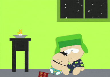 South Park gif. Tired and confused, Kyle cuddles and falls asleep next to his baby brother Ike as a dying candle fades, and snow falls outside the window.