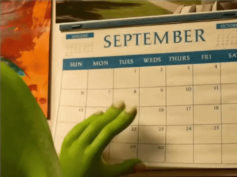Movie gif. Mike Wazowski flips his calendar pages from September to December and writes with bold red ink, "Scare Final."