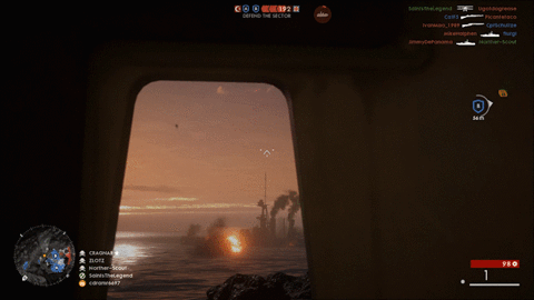 Video game gif. A screen recording of gameplay from Battlefield 1. They aim out of a window and blow up the enemy ship across the water. They pull back to reload and chaos ensues around them.