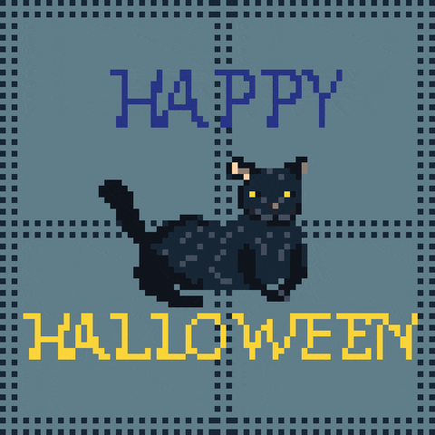 Digital art gif. Pixelated black cat with yellow eyes bobs its head and wags its tail. Text, "Happy Halloween."