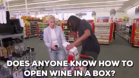 ellen degeneres does anyone know how to open wine in a box GIF by Obama