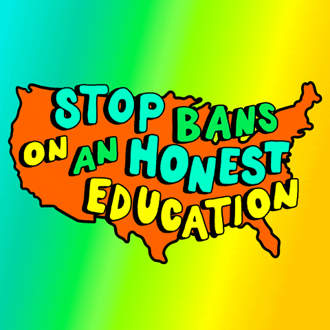 Digital art gif. Against a bright orange cartoon of the United States, flashing colorful letters read, "Stop bans on an honest education," all against an ombre rainbow background.