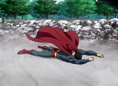 Cartoon gif. A defeated superman lies face down on the ground, his cape flowing behind him. 