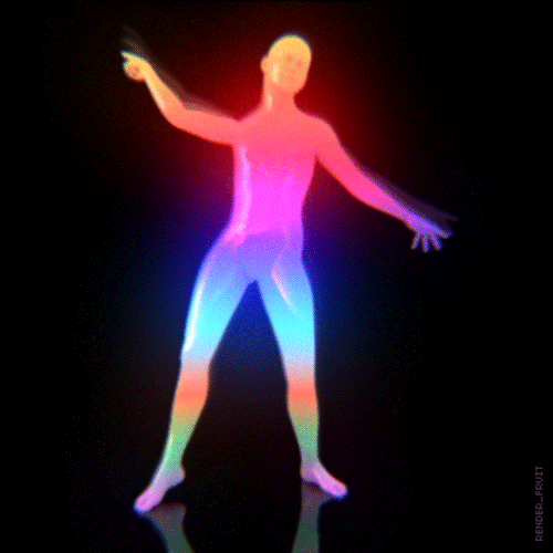 Digital art gif. A bald, naked, rainbow-colored person disco-dancing.