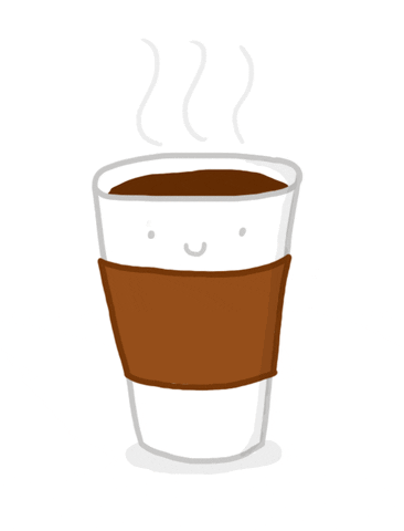 Illustrated gif. A smiling takeout cup of coffee quivers with happiness as steam comes out of it. 