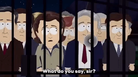 South Park gif. The head of the CDC experts uses a megaphone outside a gate, a crowd of people around him. "What do you say, sir? We all want something new, but that makes us remember the things we loved. We want to member. We need your memberberries!"