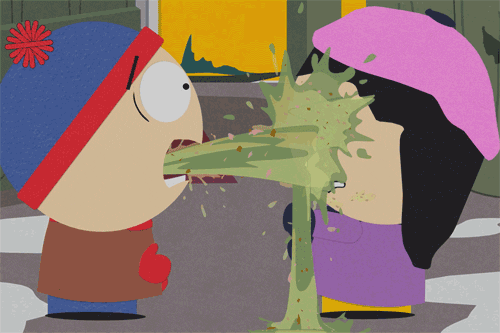 South Park gif. Stan faces Wendy Testaburger and projectile vomits all over her face.