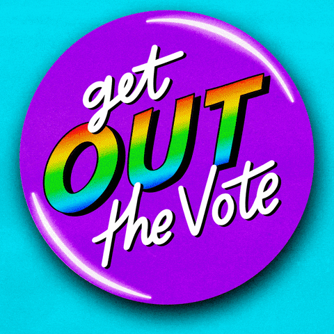 Digital art gif. Shiny purple button pin floating on a cyan background, stylized rainbow lettering reads, "Get out the vote!"