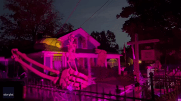 Huge Handmade Skeleton Adorns House for Halloween in Cleveland Suburb