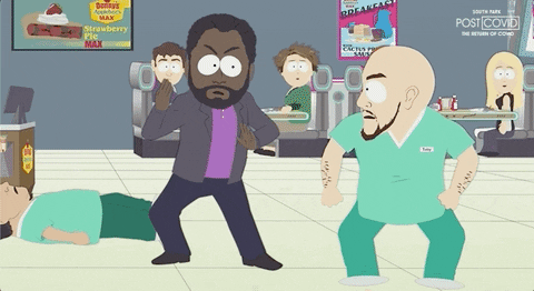 South Park gif. In Denny's, Tolkien Black showcases his martial arts skills by doing a crane pose before hitting and kicking a man in nurse scrubs in the face. Another unconscious nurse lies in the background, and witnesses watch the entire scene unfold from their tables.