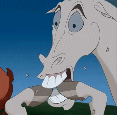 Cartoon gif. Pegasus from Hercules is extremely nervous and he has both of his front legs up and is biting his hooves aggressively. Chips of his hooves fly everywhere and his eyes are widened in fright.
