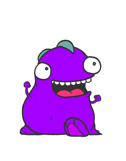 Illustrated gif. A purple T-rex like creature looks to the side with a wide toothy smile and dances with its arms up in the air.