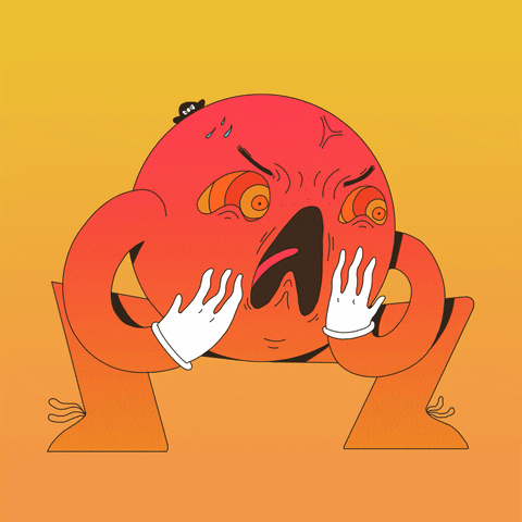 Illustrated gif. Furious-looking orange and red spherical character with long arms and legs squats, frowning and sticking out his tongue, with sweat droplets and a popping vein on his forehead.