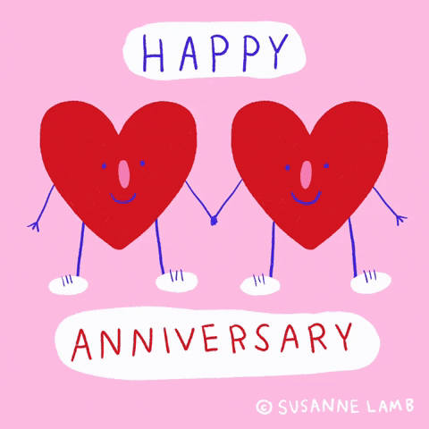 Illustrated gif. Two hearts with smiley faces on them and stick legs and arms hold hands and bounce their knees. The handwritten text says, “Happy Anniversary,” and bounces with them.