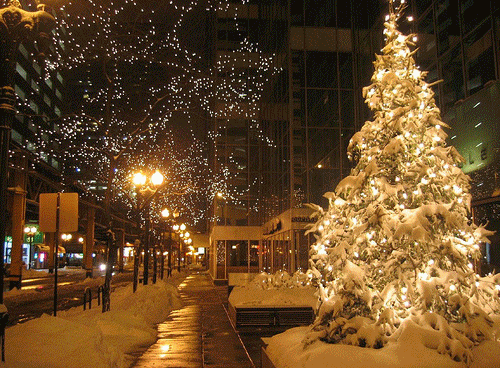 Photo gif. Series of Christmas trees in various festive scenes appear in an infinite loop—first, a large, elaborately decorated glowing tree surrounded by gifts in front of a fireplace. Then, a tree featuring white lights glows on a snowy city street. Next, an old-fashioned tree stands in a dining room, next to a roaring fireplace under a large wreath. Last, we see several stockings hanging from a fireplace mantel as a Christmas tree glows in the background.